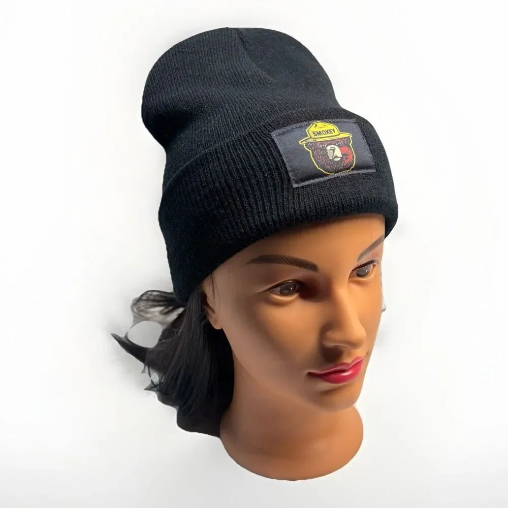 Smokey Bear Black Knit Beanie Hat Cuffed Winter Cap Forest Service Logo